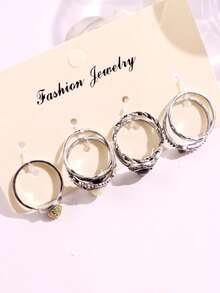 7 件套复古银色仿旧水钻镂空花朵图案金属戒指，女士首饰套装 - 彩色 - 查看 7