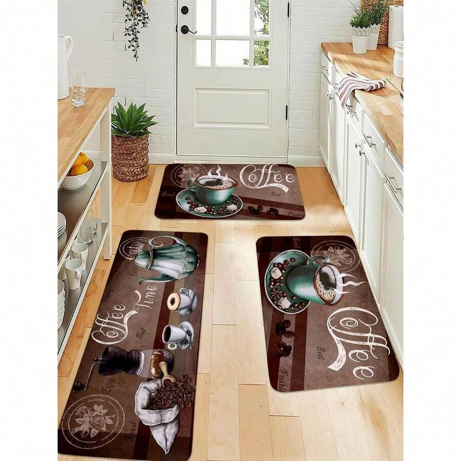 One Pink Coffee Cup Pattern Printed Kitchen Floor Mat, Plush Soft Anti-Slip Absorbent Mat Suitable For Home Kitchen Restaurant Living Room ,Room Decor - Coffee Brown - View 1
