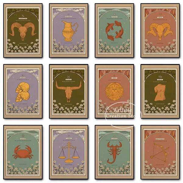 1pc/3PCS Wall Arts Posters Optional Frame Vintage Bohemian Zodiac Sign Pisces Libra Astrology Vintage Poster Canvas Painting Wall Artist Decor Gifts ,Wall Art With Frame