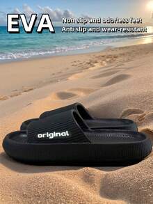 男士夏季新款字母条纹拖鞋，EVA防臭抗菌露趾厚底家居凉鞋，黑色时尚经典百搭热销男女通用四季拖鞋 - 黑色 - 查看 3