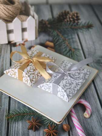 20/10/5 件枕头礼盒，金色花卉图案礼盒配丝带，包装枕头盒，手工礼盒，适用于婚礼、生日、派对礼物、手工纪念品、纪念品、餐桌装饰、情人节、婚礼、礼品包装、毕业典礼、妈妈节、母亲节、珠宝、婚礼宾客、派对回礼