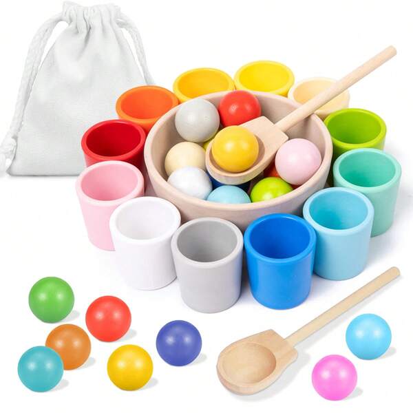 Baby Montessori Holzspielzeug Regenbogenball und Becher Farbsortier-Spiel zum Farbsortieren und Zählen lernen, Feinmotorik-Frühförderung Lernspielzeug, Geschenk für Kinder (zufälliger Stil)(zufällige Farbe)