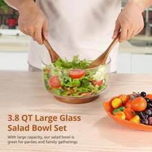 Large Glass Salad Bowl Set, 3.8 QT Clear Glass Serving Bowl With Serving Utensils&Wood Base, Big Mixing Bowl For Salad Fruits Pasta Vegetables - 1 - 查看 4