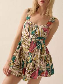Vestido corto de mujer estilo Y2K, vestido de playa casual de verano con pliegues, sin mangas, de línea A y con estampado floral - Camel - Ver 1