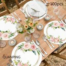 100pcs/Pack Pink Flower 13-Inch Disposable Paper Placemats, Suitable For Weddings, Parties, Restaurants, Country Homes, Kitchenware, Birthdays