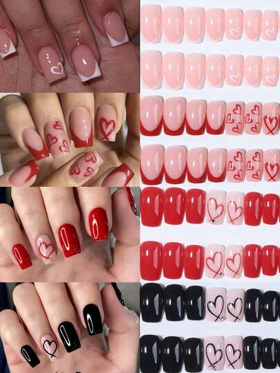 96 件（4 种混合）短方形心形指甲尖丙烯酸按压指甲短款带水钻设计完美贴合假指甲套装，包含：1 件果冻胶和 1 件指甲锉，情人节指甲适合女士和女孩日常生活和派对情人节使用指甲用品指甲