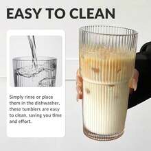 Retro Ribbed Glass Cup With Lid & Straw - Large Vertical Striped Double-Wall Tumbler, Perfect For Whiskey, Cocktails, Iced Coffee & Cold Drinks - 透明 - 查看 5