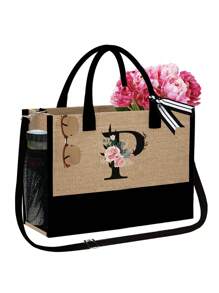 1 set, Bolso de mano tipo tote con estampado de flores con inicial A y correas para el hombro & Set de bolsas de maquillaje con iniciales de la A a la Z, bolso de regalo personalizado con bolsillos laterales, bolso de playa con pañuelo, bolsos de almacenamiento portátiles y de ocio, bolsas de compras multifuncionales, bolsa de almacenamiento simple para viajes