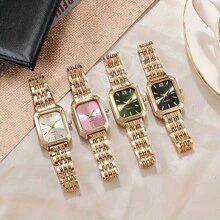 Elegant Quartz Women's Watch With Golden-Tone Bracelet - Square Metallic Dial | Multi-Color Options | Mother's Day/Gift For Her - Vàng Xanh - Xem 2