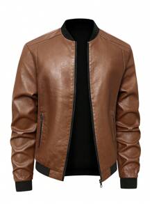 Męska kurtka pilotka ze skóry PU, swobodna kurtka z długim rękawem, zapinana na zamek, kołnierzem bejsbolowym i kieszeniami, polar