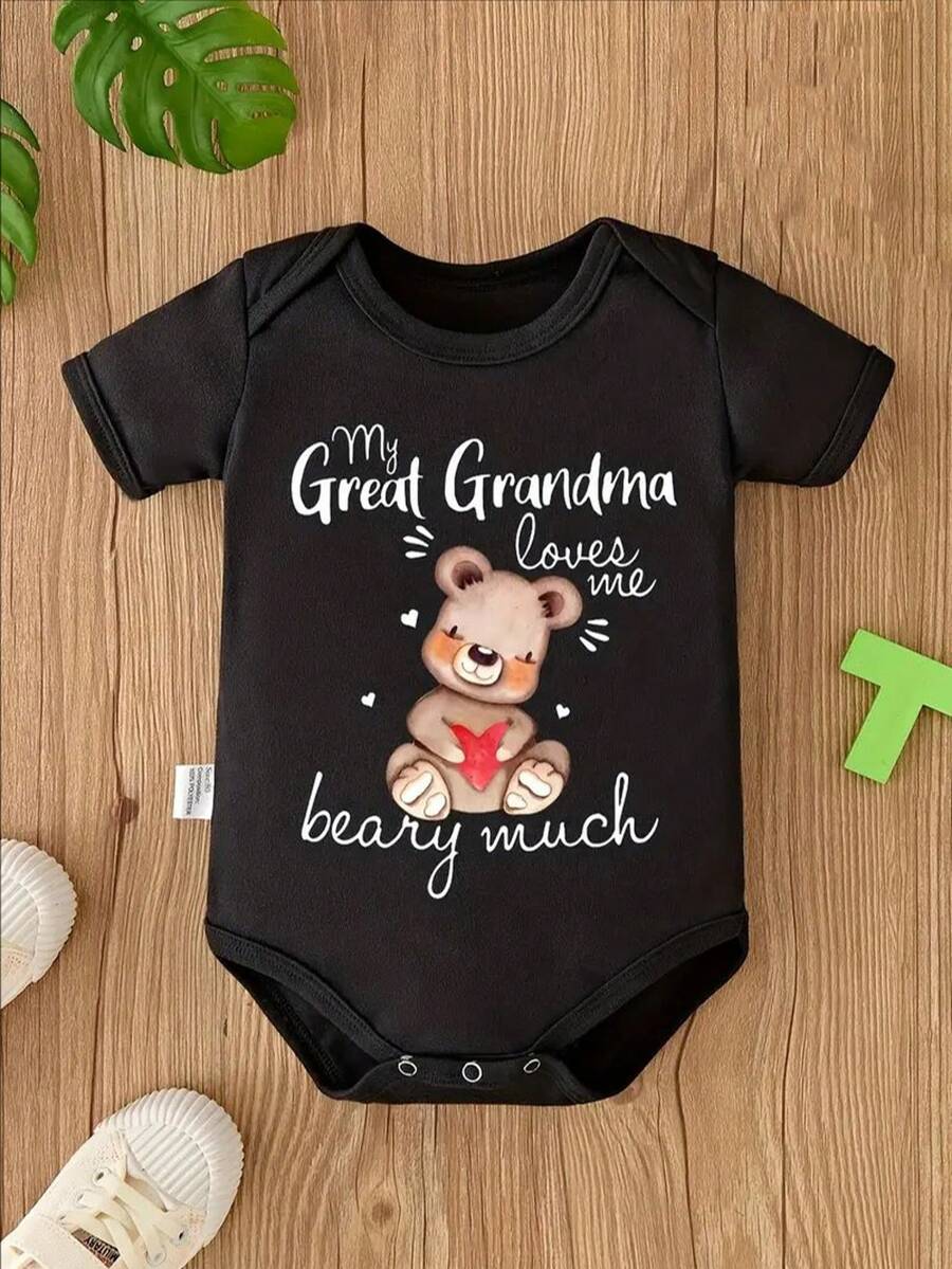 "My Great Grandma Loves Me" Baby Boy Bodysuit - Cute Bear Print, Soft Cotton, Short Sleeve Romper For Newborns And Infants, Baby Clothes, Perfect For Outdoor - màu đen - Xem 1