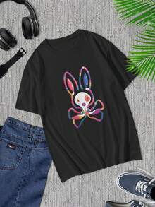 Camiseta de hombre negra de manga corta con estampado psicodélico de conejo - Camiseta informal única de ropa urbana para fiestas, eventos y más - Negro - Ver 1
