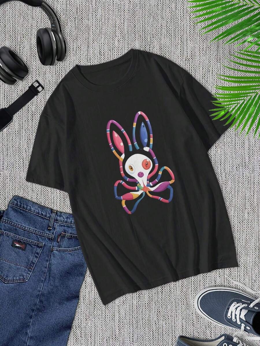 Camiseta de hombre negra de manga corta con estampado psicodélico de conejo - Camiseta informal única de ropa urbana para fiestas, eventos y más - Negro - Ver 1