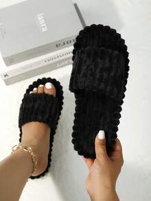 Women's Fashion One-Toe Black Fluffy Plush Slippers, Soft Lightweight Indoor Home Slippers, Carpet Silent Slippers, All Season Slippers - Black - View 1