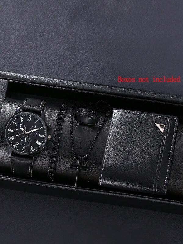 5pcs Men's Watch Set - 1pc Minimalist PU Leather Black & White Dial Watch + 3pcs Black Versatile Jewelry Set + 1pc Wallet, Perfect Gift For Him