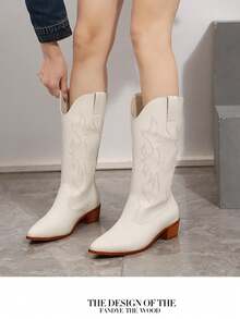 New Women's PU Leather Thick Heel Pointed Toe Western Cowboy Boots In Retro V-Neck, Not Over The Knee, Mid-Tube Knight Boots - 白色 - 查看 2