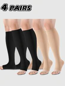 4 Pairs Toe-Less Compression Stockings For Couples, Knee-High Design, Ideal For Running, Sports, Cycling And Travel, Fall Socks - Multicolor - View 1