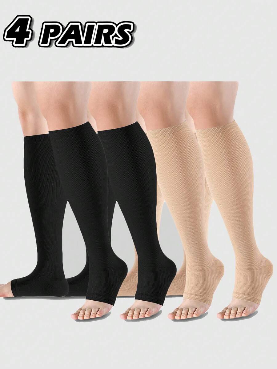 4 Pairs Toe-Less Compression Stockings For Couples, Knee-High Design, Ideal For Running, Sports, Cycling And Travel, Fall Socks - Multicolor - View 1