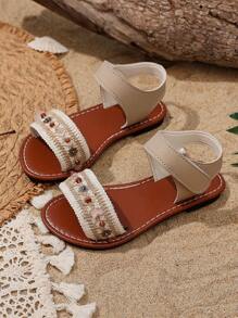 1 Pair Baby/Toddler Girls Beige Flat Sandals, Solid Color PU Strap Strap Hook And Loop Design Open Toe Roman Style Comfortable And Fashion Suitable For 3-12 Years Old Girls Daily, Vacation, Spring/Summer 2025