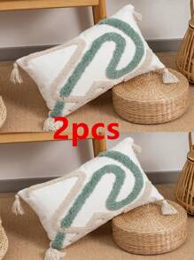 1pc/2pcs Geometric Line Pattern Plush Embroidered Decorative Pillow Cover, Cotton Twill Fabric, Nordic Style With Tassels, Suitable For Room, Living Room Sofa, Waist Cushion, Holiday, Birthday, Party, All Seasons, Without Filler, 30*50cm, 45*45cm