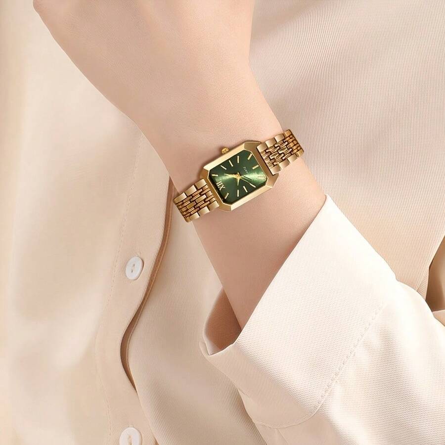 Elegant Quartz Women's Watch With Golden-Tone Bracelet - Square Metallic Dial | Multi-Color Options | Mother's Day/Gift For Her - Vàng Xanh - Xem 1