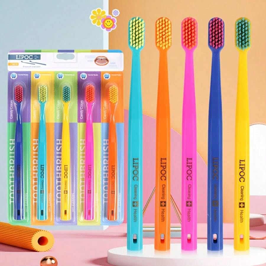 1 支装/5 支装彩虹牙刷，软毛，全尺寸刷头，男女通用，无香型，尼龙刷毛，高密度，家庭牙齿护理套装