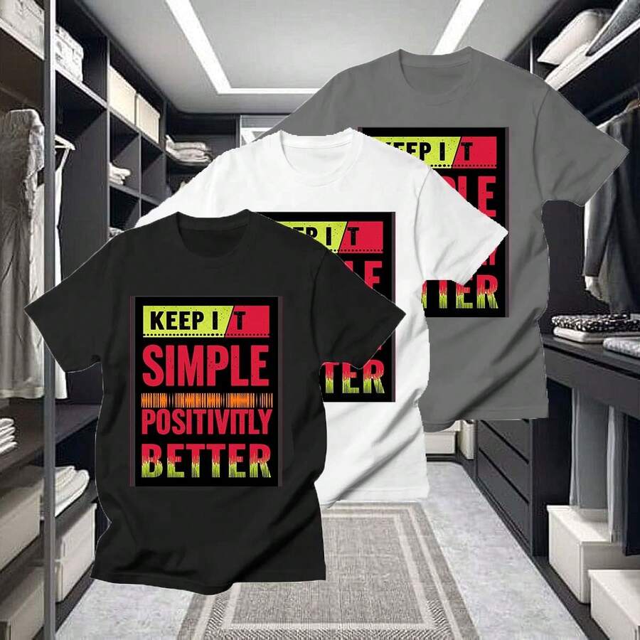 Unisex Cotton T - Shirt Set With "KEEP IT SIMPLE POSITIVITLY BETTER" In Black - Red - Yellow Color - Matching, Conveying Positive Life Attitude - 彩色 - 查看 1
