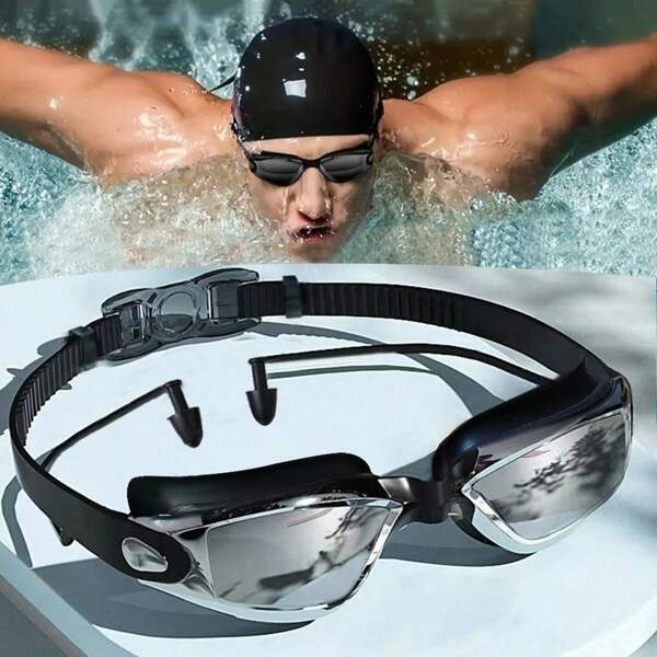 1 pieza, Gafas de natación antivaho y resistentes al agua de alta definición con tapones para los oídos para hombres y mujeres, gafas de natación de marco grande con electrochapado, gafas de natación para hombres y mujeres, equipo de natación - Correas de silicona de ajuste rápido, visión amplia - Perfectas para la piscina, la playa y la diversión del verano