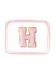 1个透明PVC便携式收纳袋，带毛巾，绣有字母A-Z，大容量化妆品收纳包，防水，带拉链，化妆包，化妆品袋，旅行收纳包，美妆包，可装口红