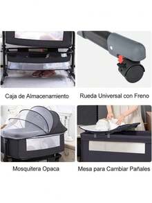 3 en 1 Cuna Colecho Plegable Catres para Bebé Portátil Altura Ajustable con Cesta de Almacenamiento Grande, Mesas de Pañales, Mosquiteras, Ruedas Bloqueables, Cuna Multifunción Fácil de Monta - Multicolor - Ver 7