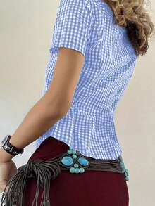 Sunny Girly Y2K Back To School Season Cotton Fitted Collared Short Sleeve Shirt, Button Closure, Blue Plaid Academic Style Top - Baby Blue - View 7