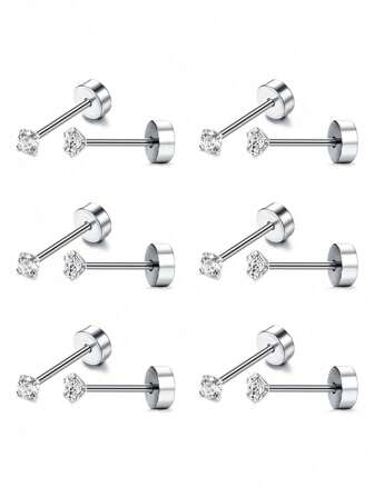 Set de 6 pares de aretes tipo cartílago para mujeres y hombres de acero quirúrgico con respaldo plano, aretes con piedras circonitas redondas de 3mm con cierre de rosca para perforación de cartílago