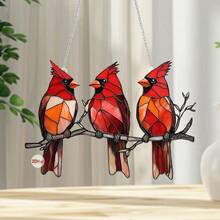 A Colorful Glass Hanging Window Decoration With Three Cardinals, 2D Acrylic Sign, Sun Catcher, All Season Decoration, Multi-Functional Bird Theme, Floral Wreath Decoration, Home And Garden Decoration, Perfect Gift For Friends, Garden And Lawn Accessories. - Multicolor - View 13