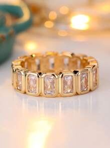1pc Unique Cubic Zirconia Encrusted Square Design Ring, Suitable For Business, Banquet, Ball, Festival Party Wear