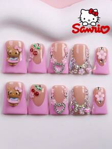 Somoving X Sanrio Hello Kitty 10Pcs Short Duckbill Shaped Handmade False Nails Cute Bow Heart Metal Star Pearl Gem Petal Design Press-On Nails Perfect Fit Acrylic False Nails Set Nail Art Supplies For Daily Life, Prom And Family Gatherings - Multicolor - View 4