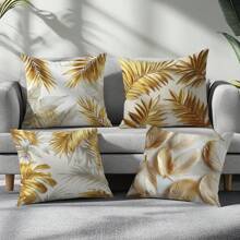 [2D Flachdruck] 4 Stücke goldene 3D Federn Blatt Bedruckte Kissenbezüge [Kissenfüllung nicht enthalten], 17.7*17.7in(45*45cm), [Einseitiger Muster] Moderne einfache Polyester Kissenbezüge für Sofa, Bett, Wohnzimmer, Schlafzimmer, Auto, Büro, Hotel Dekoration, Geeignet für alle Jahreszeiten, perfektes Geschenk für Familie und Freunde