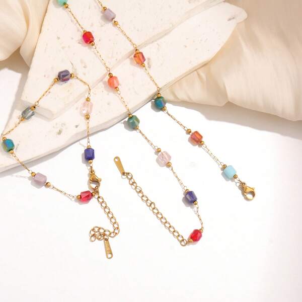 2 Peças Conjunto de Colar e Pulseira Assimétricos Coloridos Boêmios de Cristal, Aço Inoxidável, Adequado para Uso Diário e Férias na Praia