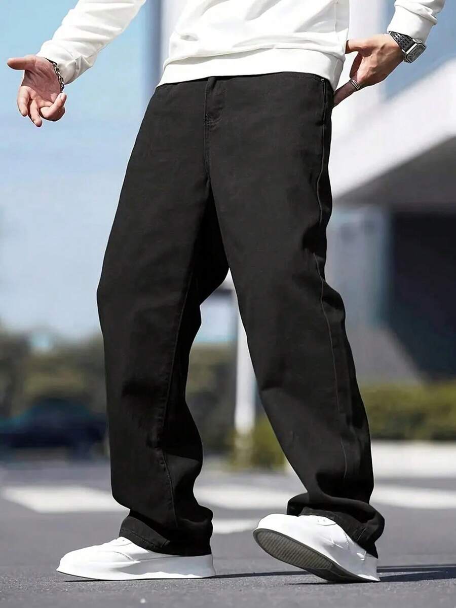 Men's Fashionable Retro Loose Wide-Leg Jeans - Black - View 1