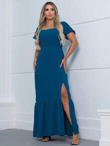 Long Dress In Duna Fabric Lined With Cups And Lining, Women's Fashion, With Side Slit And Back Opening - 水鴨藍 - 查看 1