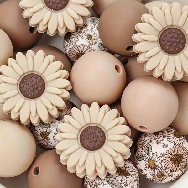 40pcs Multicolor Daisy & Sunflower Themed Silicone Beads Set, For Decorative Crafts, Pen Accessories, Keychains, Bracelets, DIY Jewelry Making