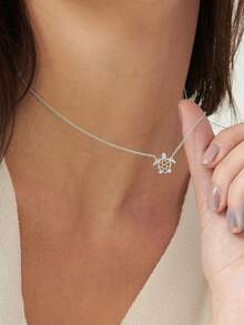 QWNHONEY 1 件不锈钢镂空设计海龟吊坠女士项链，适合男女日常佩戴 - 銀色 - 查看 4