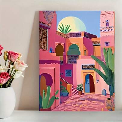 1 pièce Impression d'art de cour marocaine : affiche vibrante, art mural fantaisiste, décoration de bureau, salon, chambre à coucher, salle à manger, bar, décor mural, impression, œuvre d'art, cadeau parfait et décoration, matériau canevas avec cadre en option