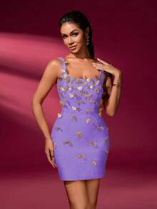 Solid Color Elegant 3D Butterfly Bandage Camisole Mini Dress - Purple - View 1