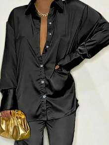 新款女士长袖缎面翻领斜肩袖衬衫和休闲裤套装 - 黑色 - 查看 3
