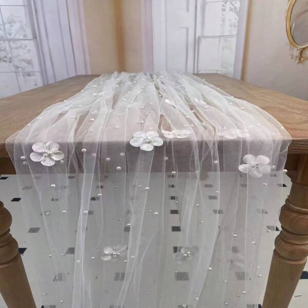 Elegant White Pearl & Floral Sheer Tulle Table Runner - Lightweight Chiffon Beaded Bridal Veil With Lace Overlay, Perfect For Wedding Receptions & Bridal Showers