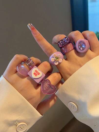 Set de 8 anillos con flores moradas personalizadas, anillos apilables con corazones de rhinestone, regalos de joyería adecuados para mujeres, estudiantes, niñas, mejores amigas para uso diario, fiestas, viajes