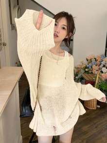 Sexy Apricot Shoulder Cut-Out Hollow Design Pullover Sweater, Suitable For Going Out, Dates, Home, And Commuting, Autumn/Winter - Apricot - View 7