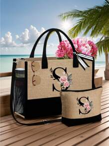 1 set, Bolso de mano tipo tote con estampado de flores con inicial A y correas para el hombro & Set de bolsas de maquillaje con iniciales de la A a la Z, bolso de regalo personalizado con bolsillos laterales, bolso de playa con pañuelo, bolsos de almacenamiento portátiles y de ocio, bolsas de compras multifuncionales, bolsa de almacenamiento simple para viajes