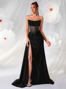 Women's Elegant Strapless, Diamond Hot Stamping, Hollowed Out High Waisted, Long Ribbon, Split Open, Backless Strap, And Floor Party Dress For Prom Birthday Party Evening Date Homecoming Party Wedding Guest Formal Dinner Family Festival - 黑色 - 查看 9