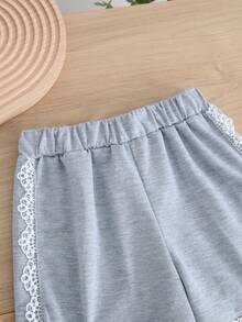 2pcs/Set Girls Casual Fashionable Lace Hooded Sleeveless Top And Shorts Set, Summer - Grey - View 7